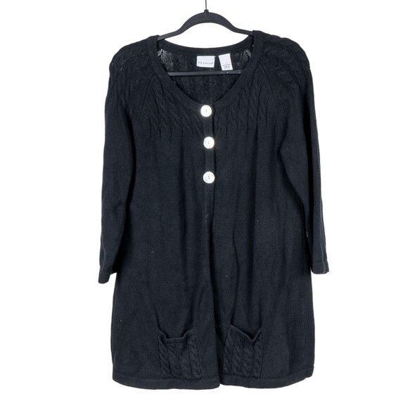 Kim Rogers Cardigan Sweater L Womens Black Duster Cotton Buttons Knit Pockets - Picture 1 of 5
